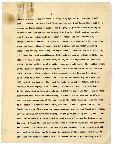 Excellent William Taft Letter Signed Regarding the League of Nations -- ''...I am not obsessed by hatred...A good many have been trying to arouse the Jews against the League...''